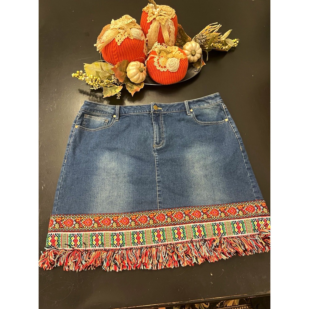 Cato Denim Blue Hippie Boho Colorful Ribbon Fringe Hem Mini Jean Skirt Sz 20W